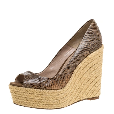 Pre-owned Brian Atwood Lizard Peep Toe Espadrilles Wedge Pumps Size 37 In Brown