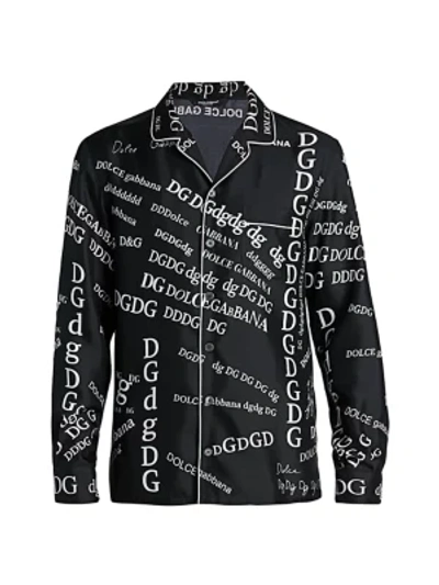 Shop Dolce & Gabbana Men's Vanity Script Silk Pajama Shirt In Black