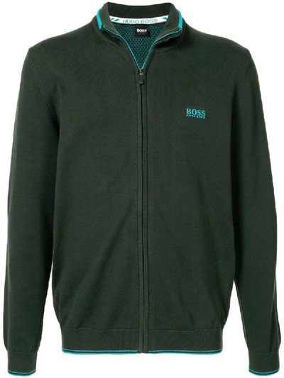 Shop Hugo Boss Embroidered Logo Knit Jacket In Green