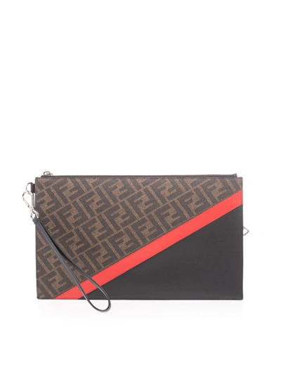 Shop Fendi Ff Logo Pattern Clutch In Black And Brown