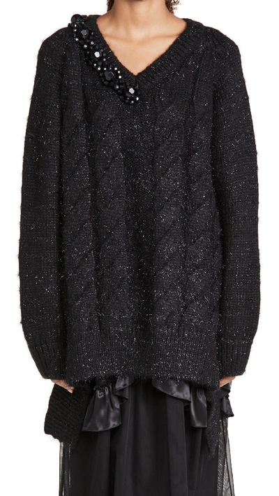 Shop Simone Rocha V Neck Cable Sweater W/ Beading In Black/tinsel/jet