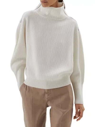 Shop Brunello Cucinelli Women's Monili Tab Ribbed Cashmere Turtleneck Sweater In Bianco