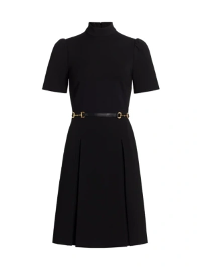 Shop Gucci Stretch Mockneck Horsebit Belted Dress In Black