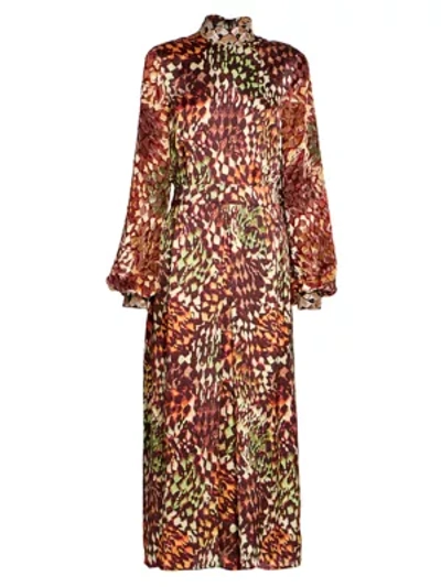 Shop Dries Van Noten Devir Printed Velvet Embellished Turtleneck Midi Dress In Rust