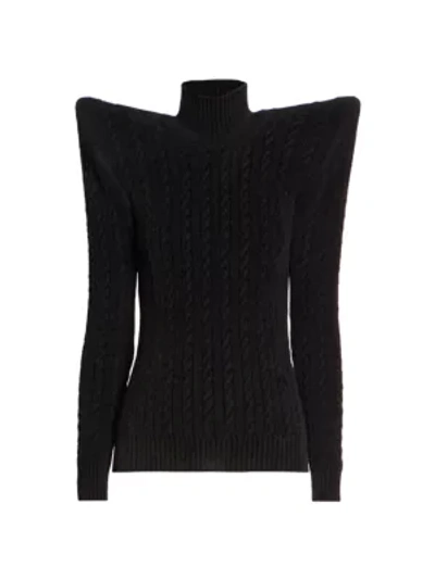 Shop Balenciaga Winged Shoulder Cable Knit Turtleneck Sweater In Noir