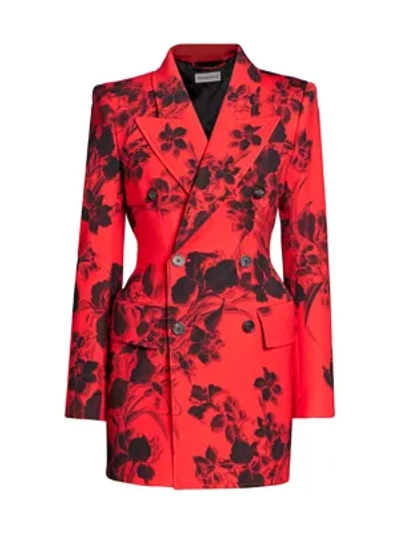 Shop Balenciaga Hourglass Floral Double Breasted Blazer Jacket In Red