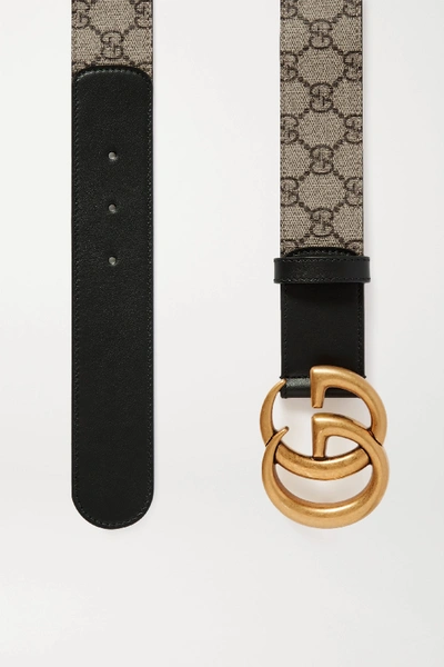 Shop Gucci Leather-trimmed Printed Coated-canvas Belt In Beige