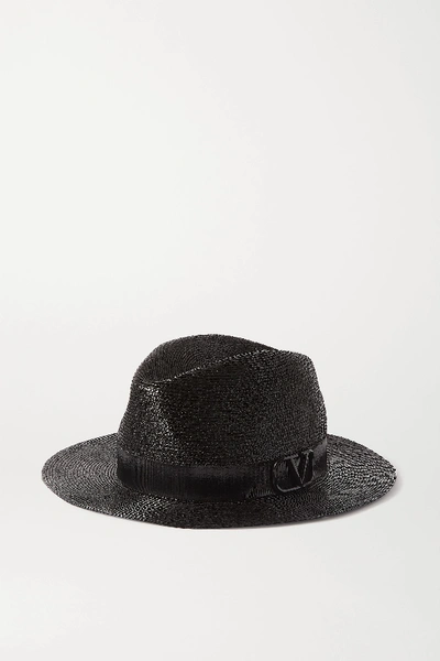 Shop Valentino Embellished Grosgrain-trimmed Faux Straw Fedora In Black