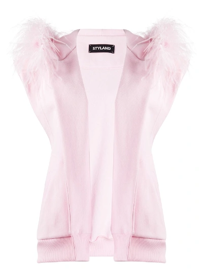 Shop Styland Feather-trim Sleeveless Jacket In Pink