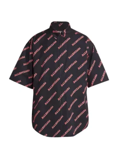 Shop Balenciaga Logo Zip Front Short Sleeve Shirt In Black Red