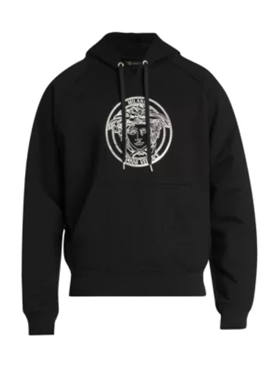 Shop Versace Embroidered Logo Hoodie In Nero