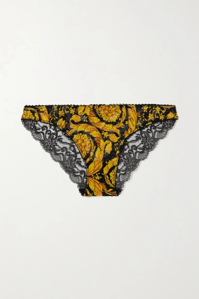 Shop Versace Printed Stretch-mesh And Lace Briefs In Brown