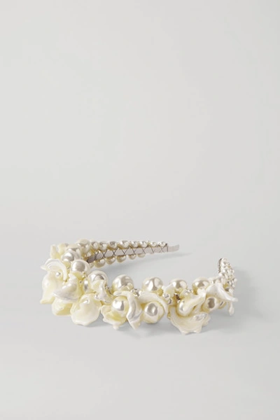 Shop Simone Rocha Daisy Silver-tone, Mother-of-pearl And Faux Pearl Headband In White