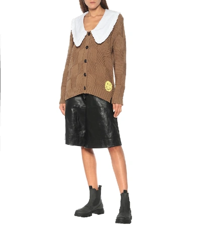 Shop Ganni Checkered Cotton-blend Cardigan In Brown