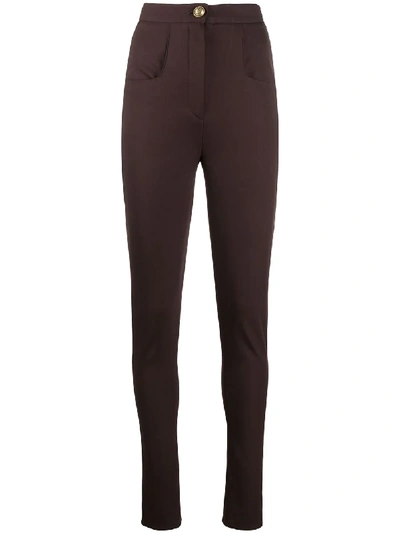 Shop Balmain High-waisted Skinny Trousers In Brown