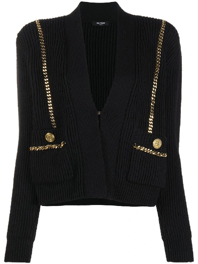 Shop Balmain Concealed Chain-trimmed Cardigan In Black