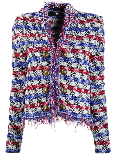 Shop Balmain Collarless Fringed Tweed Jacket In Blue