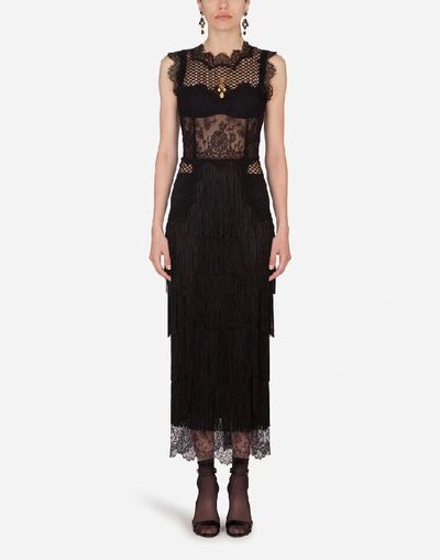 Shop Dolce & Gabbana Lace Sheath Dress With Fringing In Black