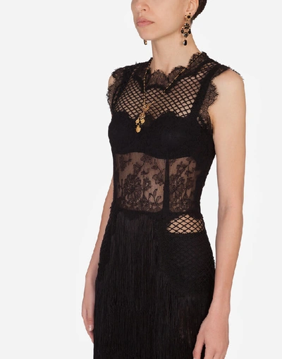 Shop Dolce & Gabbana Lace Sheath Dress With Fringing In Black