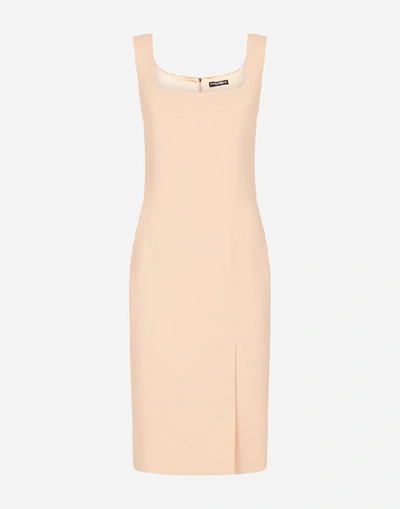 Shop Dolce & Gabbana Midi Dress In Cady Fabric With Slit In Beige