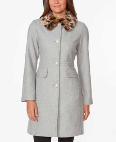 Shop Kate Spade Leopard-faux-fur Collar Coat In Heather Grey