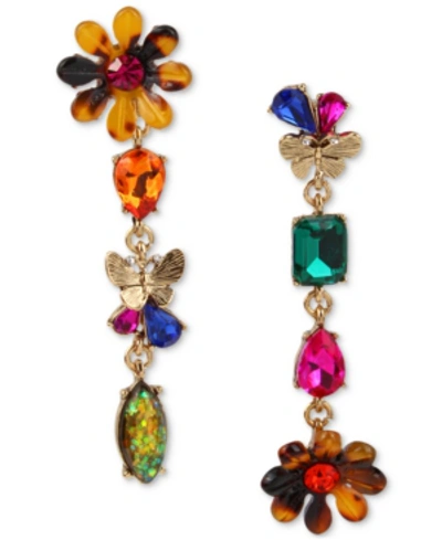 Shop Betsey Johnson Gold-tone Multicolor Crystal Flower Mismatch Linear Drop Earrings