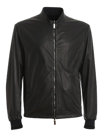 Shop Giorgio Armani Lamb Leather Jacket In Black In Blue
