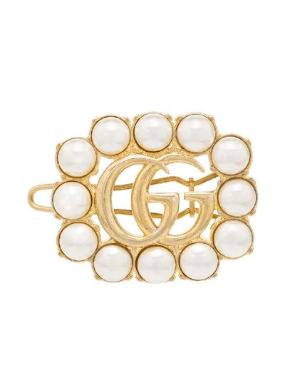 Shop Gucci Gg Faux Pearl-embellished Hair Clip In Gold