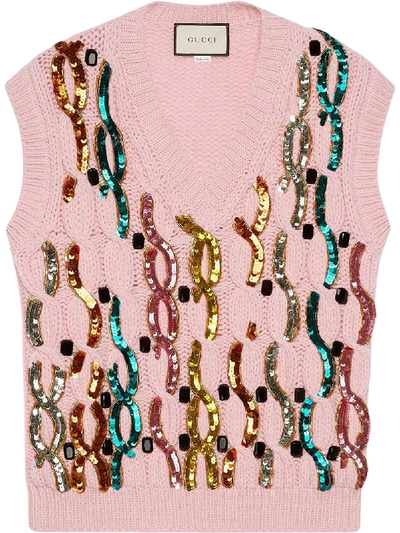 Shop Gucci Sequin Embroidered Wool Vest In Pink