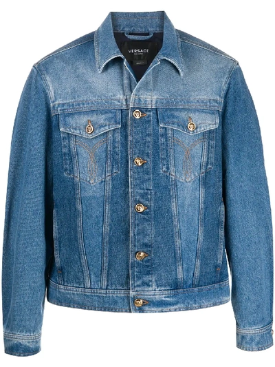 Shop Versace Embroidered Logo Denim Jacket In Blue