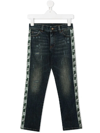 Shop Dolce & Gabbana Logo-stripe Distressed Jeans In Blue