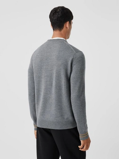 Shop Burberry Icon Stripe Trim Wool Sweater In Mid Grey Melange
