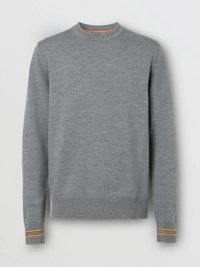 Shop Burberry Icon Stripe Trim Wool Sweater In Mid Grey Melange