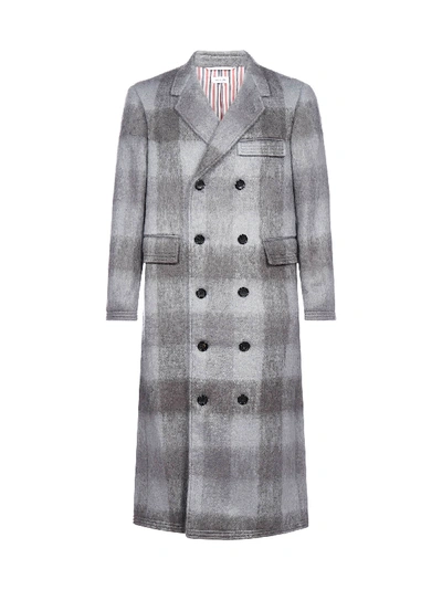 Shop Thom Browne Check Wool And Mohair Double Breasted Coat In Med Grey