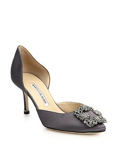 Shop Manolo Blahnik Hangisido Jeweled Satin Pumps In Grey