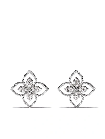 Shop Roberto Coin 18kt White Gold Princess Flower Diamond Earrings In Silver