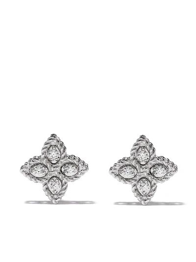 Shop Roberto Coin 18kt White Gold Princess Flower Diamond Earrings In Silver