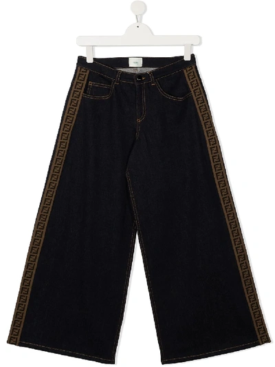 Shop Fendi Teen Logo-stripe Wide-leg Jeans In Blue
