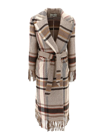 Shop Etro Fringed Check Coat In Beige