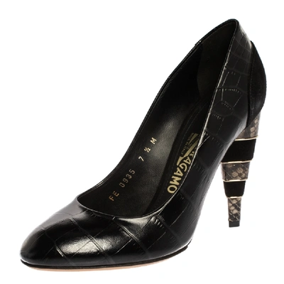 Pre-owned Ferragamo Black Croc Embossed Leather Round Toe Pumps Size 38