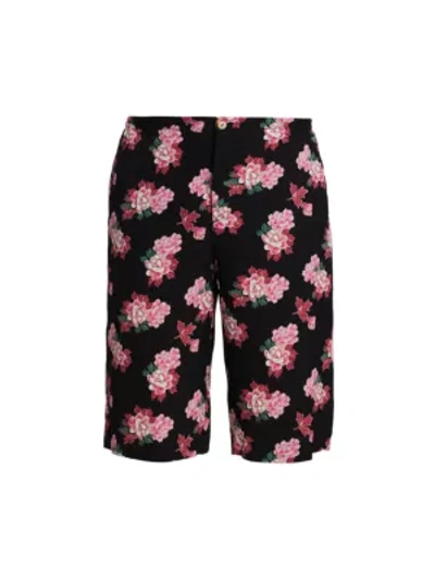 Shop Gucci Men's Peony Print Silk Shorts In Black Pink