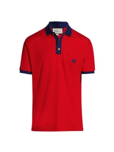 Shop Gucci Men's Cotton Polo With Interlocking G Patch In Live Red