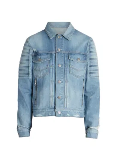 Shop Balmain Embossed Distressed Moto Denim Jacket In Blue
