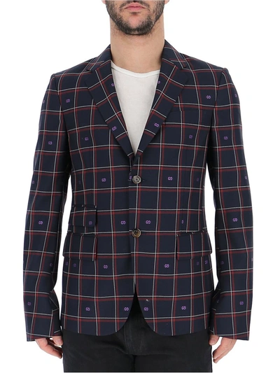 Shop Gucci Checked Blazer In Blue