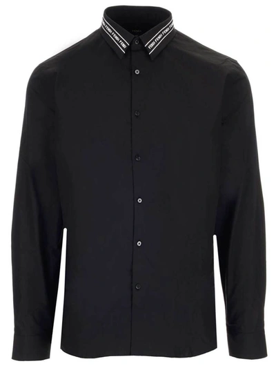 Shop Fendi Logo Tape Motif Collar Shirt In Black