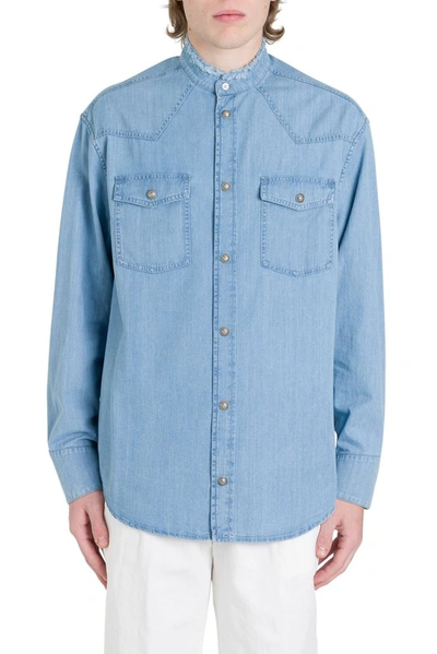 Shop Balmain Logo Denim Shirt In Blue