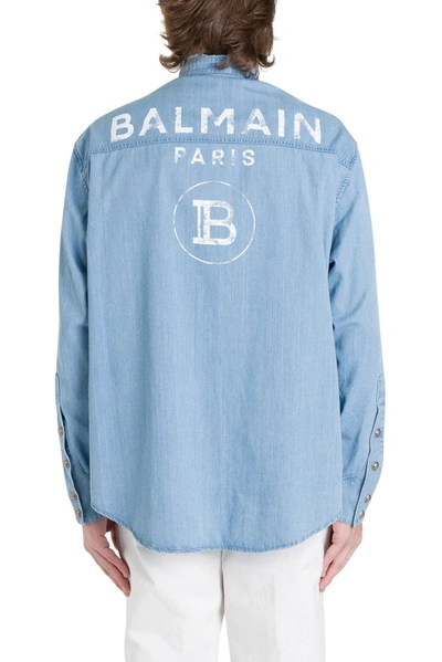Shop Balmain Logo Denim Shirt In Blue