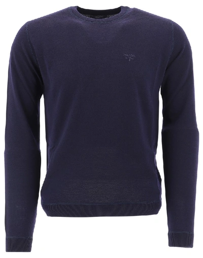 Shop Prada Logo Embroidered Sweater In Blue