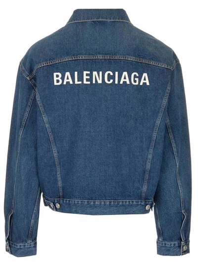 Shop Balenciaga Logo Embroidered Denim Jacket In Blue