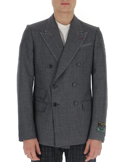 Shop Gucci Double Breasted Stitch Detail Blazer In Grey